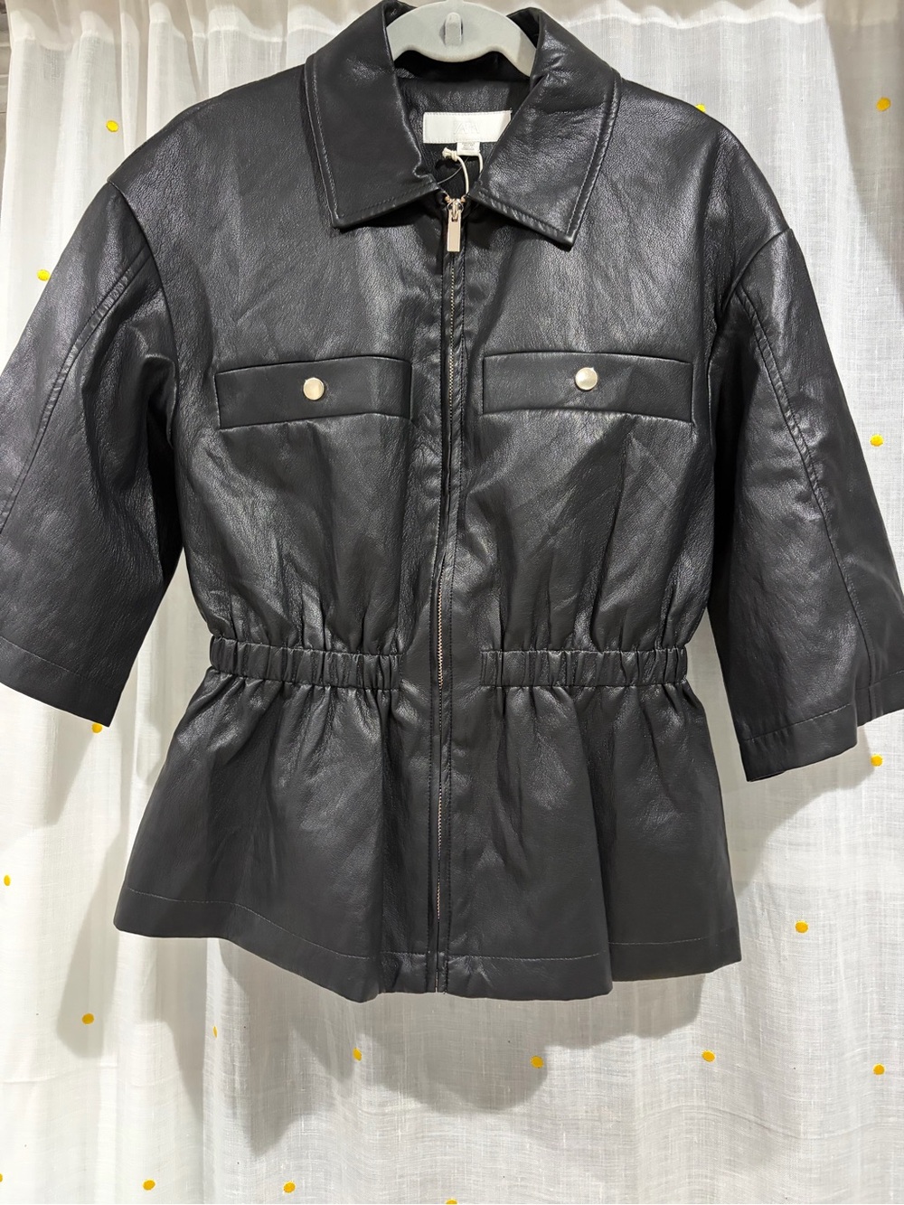 Zara black Faux Leather Zip-Front Jacket with Elastic Waist/ size Small